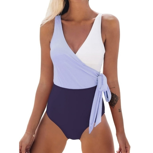 CUPSHE LAVENDER NAVY WHITE COLOR-BLOCK ONE PIECE SWIMSUIT SIZE SMALL NWT - Picture 2 of 3